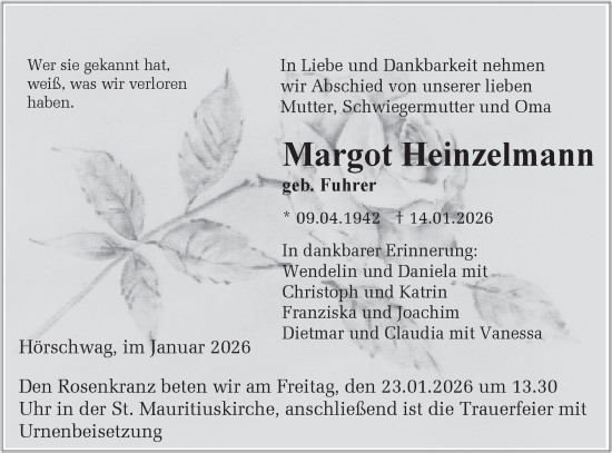 Traueranzeige von Margot Heinzelmann von SÜDWEST PRESSE Zollernalbkreis/Hohenzollerische Zeitung