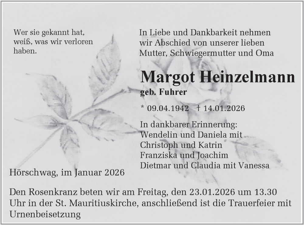  Traueranzeige für Margot Heinzelmann vom 19.01.2026 aus SÜDWEST PRESSE Zollernalbkreis/Hohenzollerische Zeitung