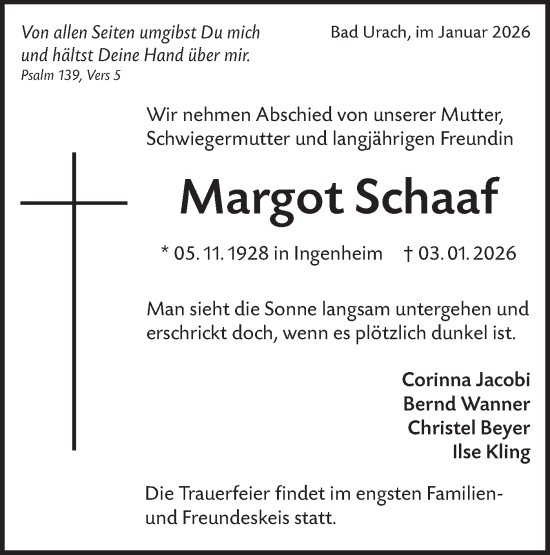 Traueranzeige von Margot Schaaf von Alb-Bote/Metzinger-Uracher Volksblatt