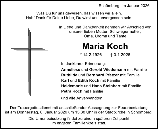 Traueranzeige von Maria Koch von SÜDWEST PRESSE Zollernalbkreis/Hohenzollerische Zeitung