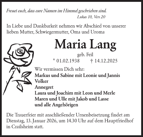 Traueranzeige von Maria Lang von Hohenloher Tagblatt