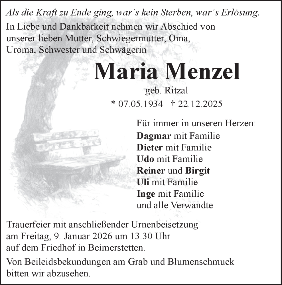  Traueranzeige für Maria Menzel vom 03.01.2026 aus SÜDWEST PRESSE Ausgabe Ulm/Neu-Ulm