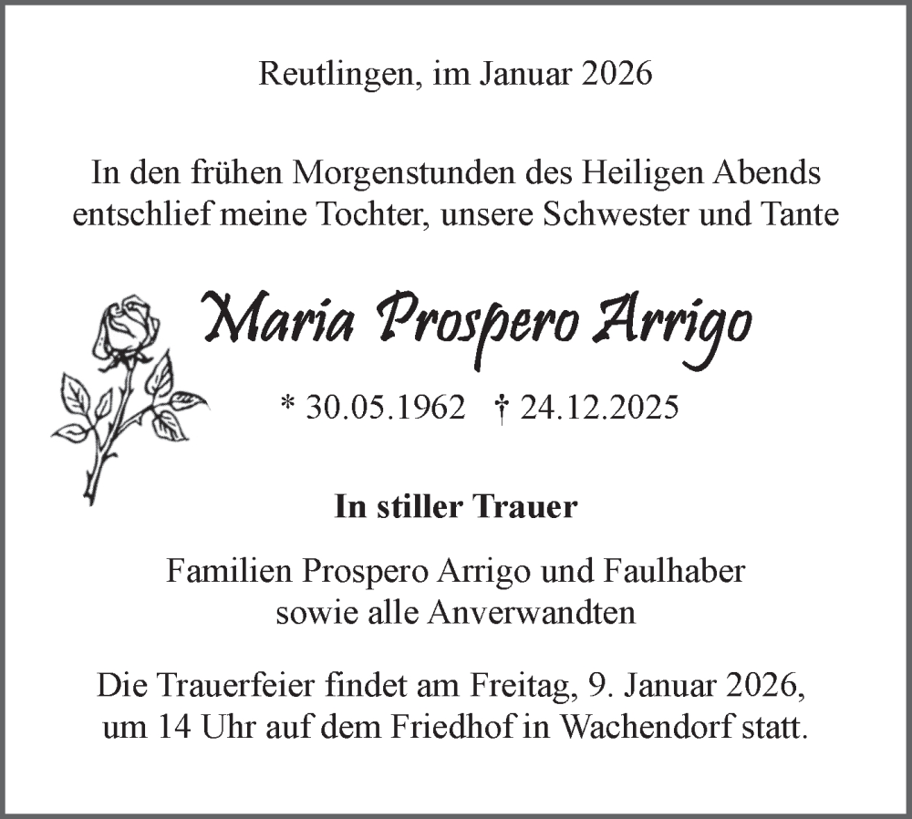  Traueranzeige für Maria Prospero Arrigo vom 07.01.2026 aus Neckar-Chronik