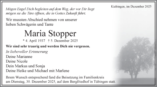 Traueranzeige von Maria Stopper von Schwäbische Tagblatt