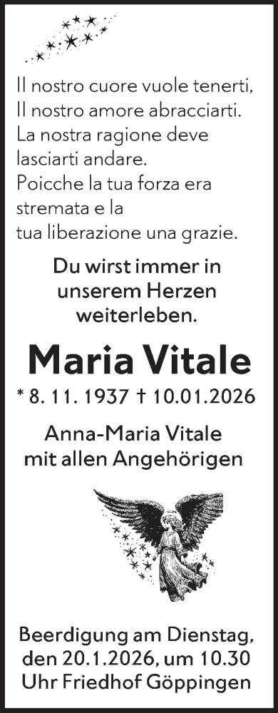  Traueranzeige für Maria Vitale vom 16.01.2026 aus NWZ Neue Württembergische Zeitung