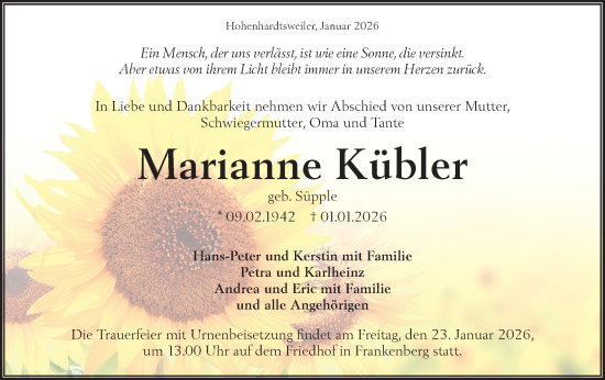 Traueranzeige von Marianne Kübler von Rundschau Gaildorf