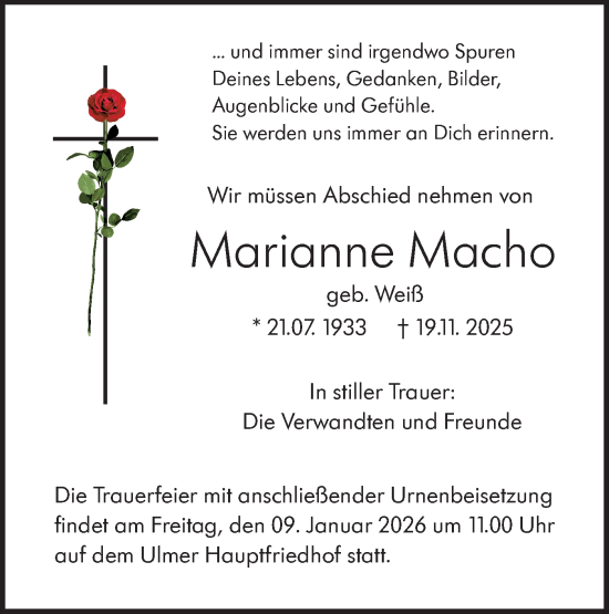 Traueranzeige von Marianne Macho von SÜDWEST PRESSE Ausgabe Ulm/Neu-Ulm