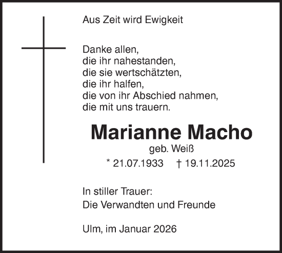 Traueranzeige von Marianne Macho von SÜDWEST PRESSE Ausgabe Ulm/Neu-Ulm