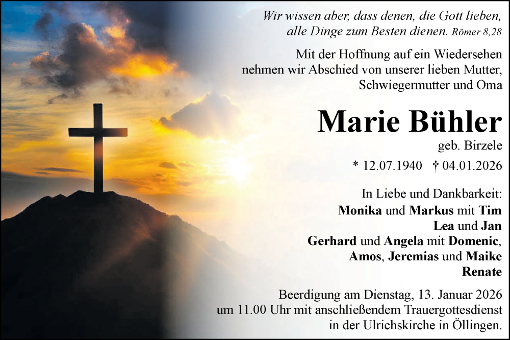  Traueranzeige für Marie Bühler vom 09.01.2026 aus SÜDWEST PRESSE Ausgabe Ulm/Neu-Ulm