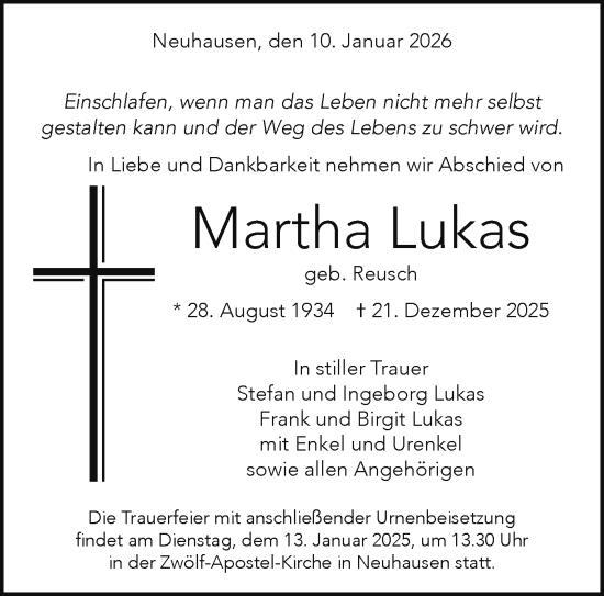Traueranzeige von Martha Lukas von Alb-Bote/Metzinger-Uracher Volksblatt