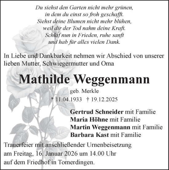 Traueranzeige von Mathilde Weggenmann von SÜDWEST PRESSE Ausgabe Ulm/Neu-Ulm