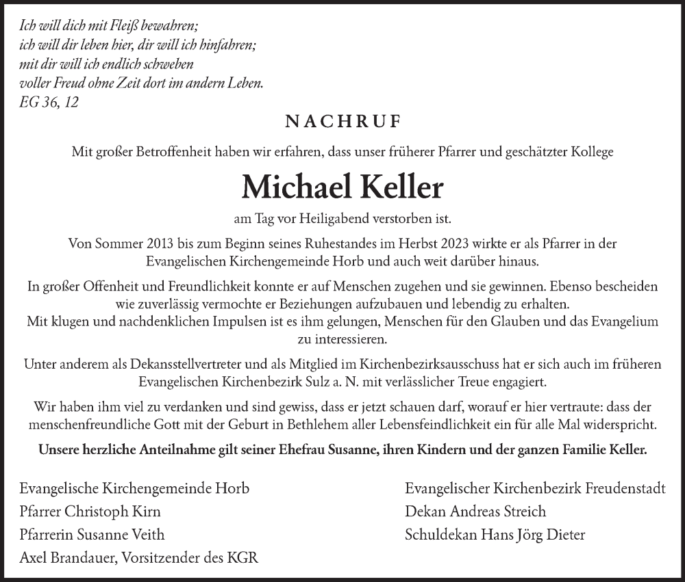  Traueranzeige für Michael Keller vom 07.01.2026 aus Neckar-Chronik
