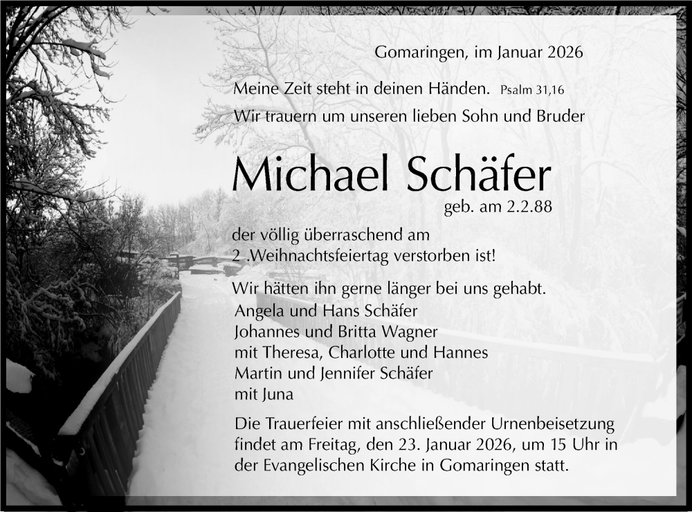  Traueranzeige für Michael Schäfer vom 17.01.2026 aus Schwäbische Tagblatt