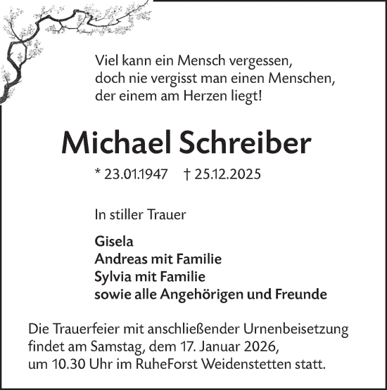 Traueranzeige von Michael Schreiber von SÜDWEST PRESSE Ausgabe Ulm/Neu-Ulm