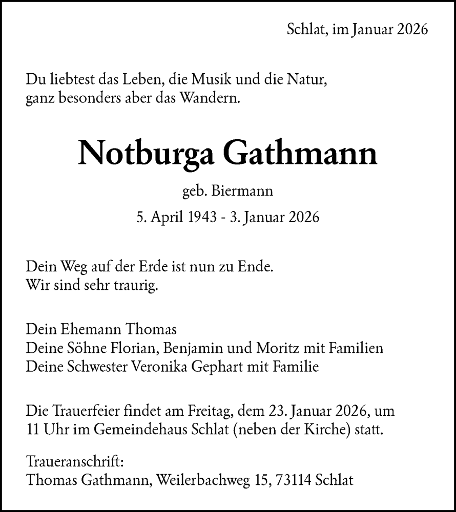  Traueranzeige für Notburga Gathmann vom 10.01.2026 aus NWZ Neue Württembergische Zeitung