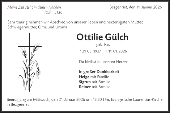 Traueranzeige von Ottilie Gülch von NWZ Neue Württembergische Zeitung