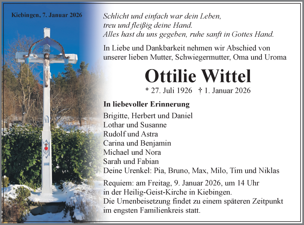  Traueranzeige für Ottilie Wittel vom 07.01.2026 aus Schwäbische Tagblatt