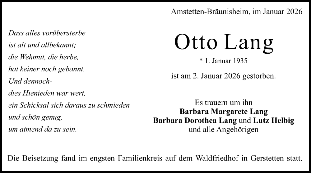  Traueranzeige für Otto Lang vom 17.01.2026 aus Geislinger Zeitung