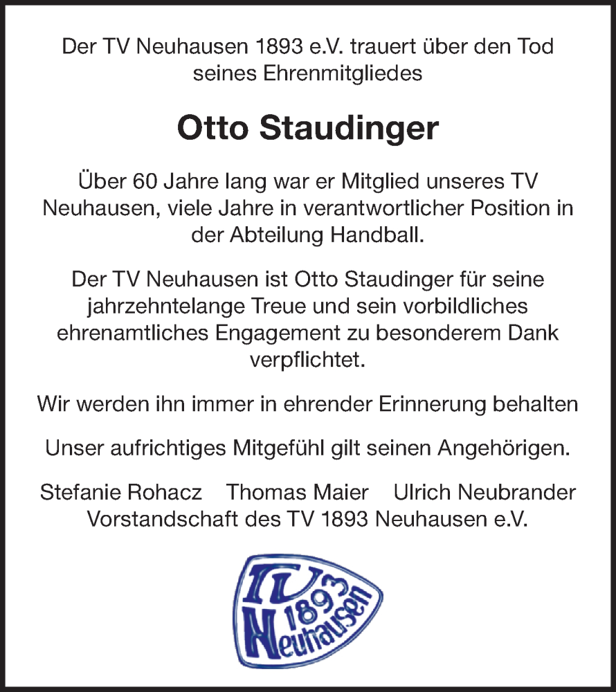 Traueranzeige für Otto Staudinger vom 09.01.2026 aus Alb-Bote/Metzinger-Uracher Volksblatt