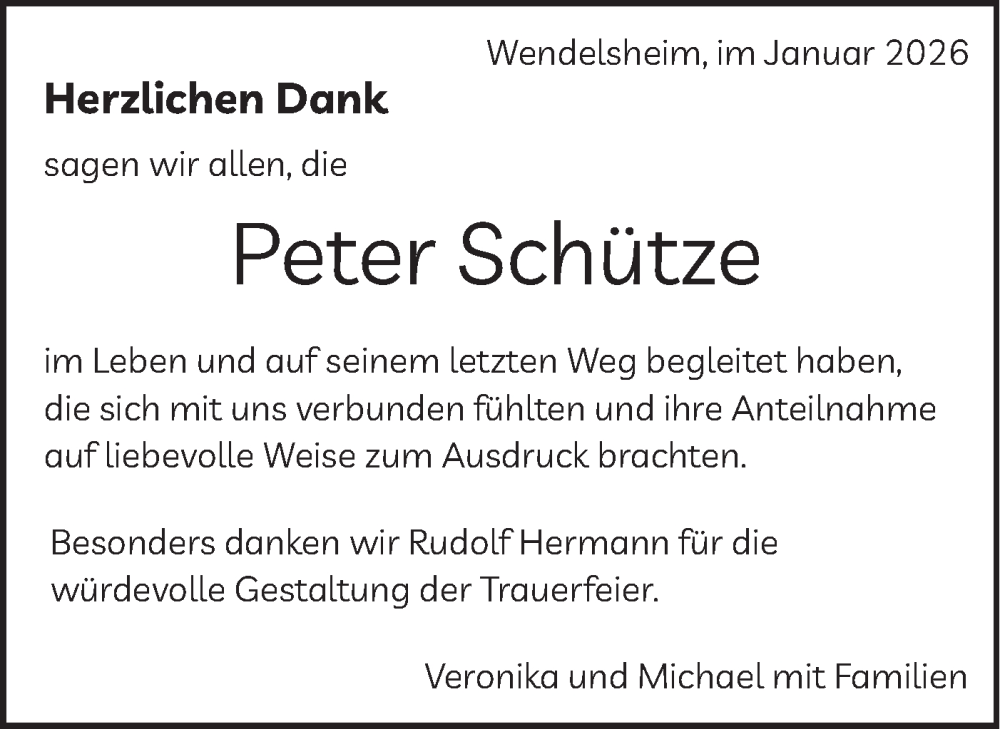  Traueranzeige für Peter Schütze vom 10.01.2026 aus Schwäbische Tagblatt
