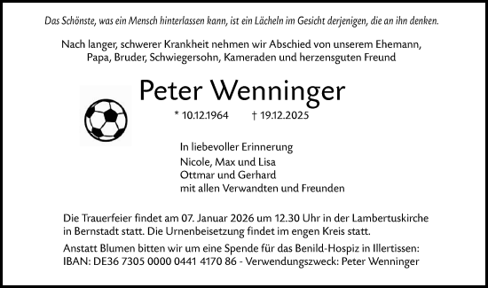 Traueranzeige von Peter Wenninger von SÜDWEST PRESSE Ausgabe Ulm/Neu-Ulm