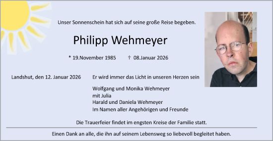 Traueranzeige von Philipp Wehmeyer von Schwäbische Tagblatt