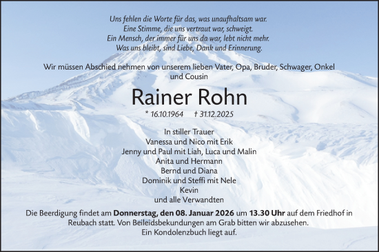 Traueranzeige von Rainer Rohn von Hohenloher Tagblatt