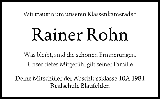 Traueranzeige von Rainer Rohn von Hohenloher Tagblatt