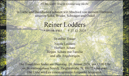 Traueranzeige von Reiner Lodders von SÜDWEST PRESSE Ausgabe Ulm/Neu-Ulm