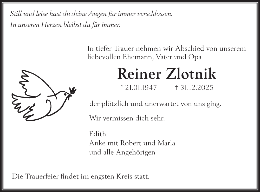  Traueranzeige für Reiner Zlotnik vom 07.01.2026 aus NWZ Neue Württembergische Zeitung