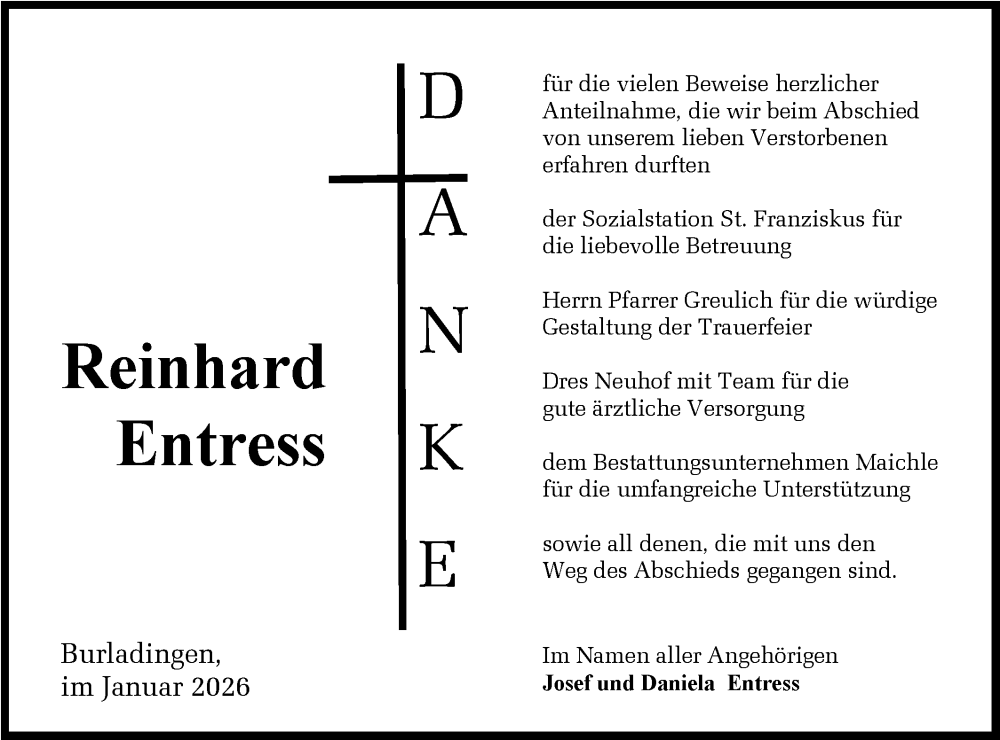  Traueranzeige für Reinhard Entress vom 10.01.2026 aus SÜDWEST PRESSE Zollernalbkreis/Hohenzollerische Zeitung