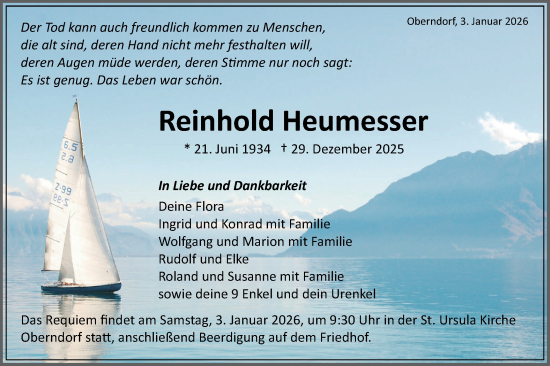 Traueranzeige von Reinhold Heumesser von Schwäbische Tagblatt