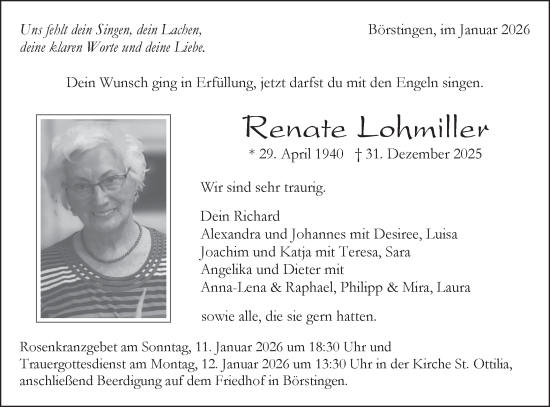 Traueranzeige von Renate Lohmiller von Schwäbische Tagblatt