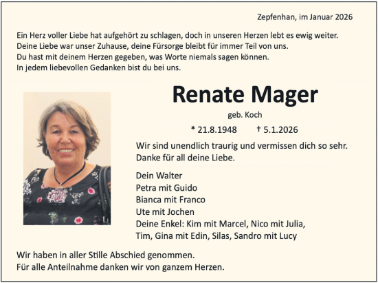 Traueranzeige von Renate Mager von SÜDWEST PRESSE Zollernalbkreis/Hohenzollerische Zeitung