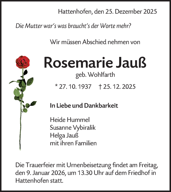 Traueranzeige von Rosemarie Jauß von NWZ Neue Württembergische Zeitung