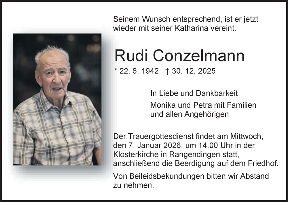  Traueranzeige für Rudi Conzelmann vom 03.01.2026 aus SÜDWEST PRESSE Zollernalbkreis/Hohenzollerische Zeitung