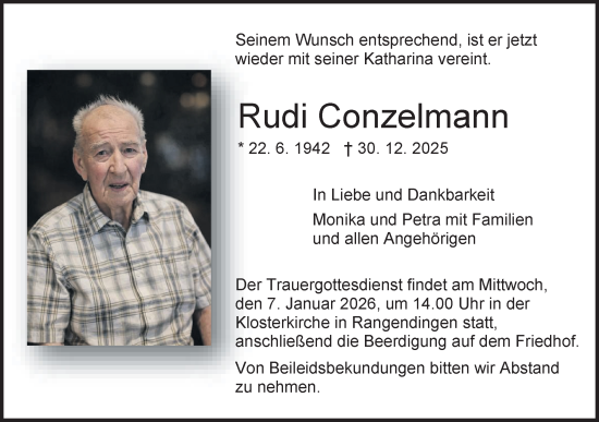Traueranzeige von Rudi Conzelmann von SÜDWEST PRESSE Zollernalbkreis/Hohenzollerische Zeitung