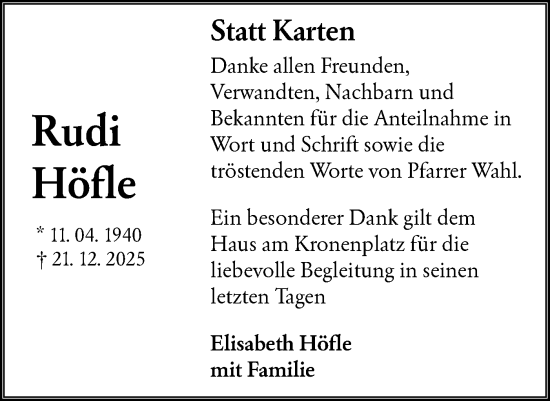 Traueranzeige von Rudi Höfle von NWZ Neue Württembergische Zeitung