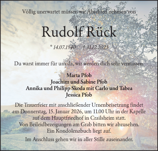 Traueranzeige von Rudolf Rück von Hohenloher Tagblatt