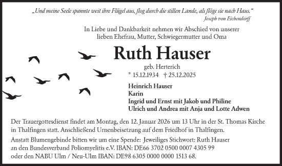 Traueranzeige von Ruth Hauser von SÜDWEST PRESSE Ausgabe Ulm/Neu-Ulm