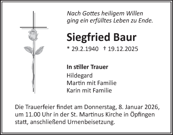 Traueranzeige von Siegfried Baur von SÜDWEST PRESSE Ausgabe Ulm/Neu-Ulm