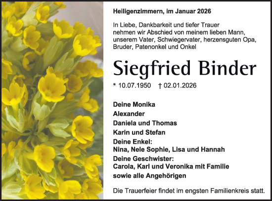 Traueranzeige von Siegfried Binder von SÜDWEST PRESSE Zollernalbkreis/Hohenzollerische Zeitung
