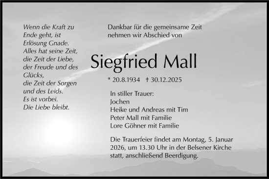 Traueranzeige von Siegfried Mall von Schwäbische Tagblatt