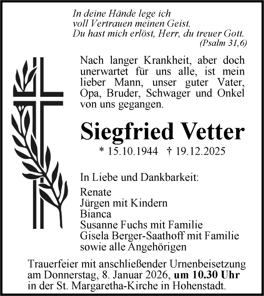  Traueranzeige für Siegfried Vetter vom 05.01.2026 aus Geislinger Zeitung