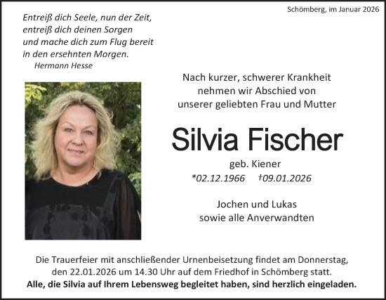 Traueranzeige von Silvia Fischer von SÜDWEST PRESSE Zollernalbkreis/Hohenzollerische Zeitung