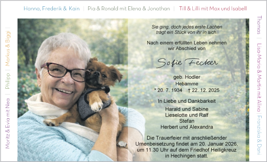Traueranzeige von Sofie Fecker von SÜDWEST PRESSE Zollernalbkreis/Hohenzollerische Zeitung