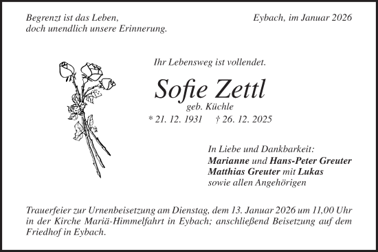 Traueranzeige von Sofie Zettl von Geislinger Zeitung