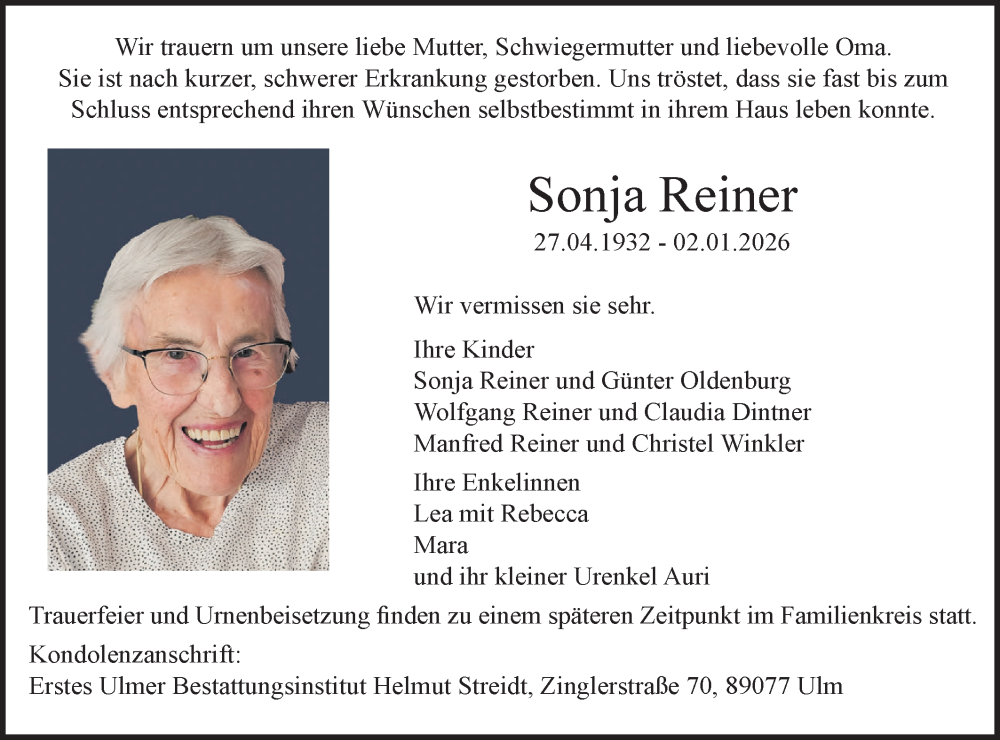  Traueranzeige für Sonja Reiner vom 10.01.2026 aus SÜDWEST PRESSE Ausgabe Ulm/Neu-Ulm