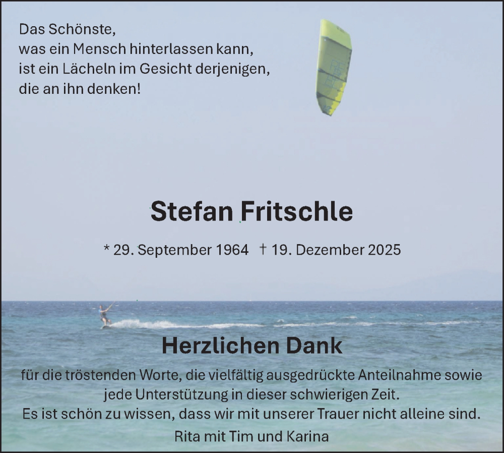  Traueranzeige für Stefan Fritschle vom 03.01.2026 aus Alb-Bote/Metzinger-Uracher Volksblatt