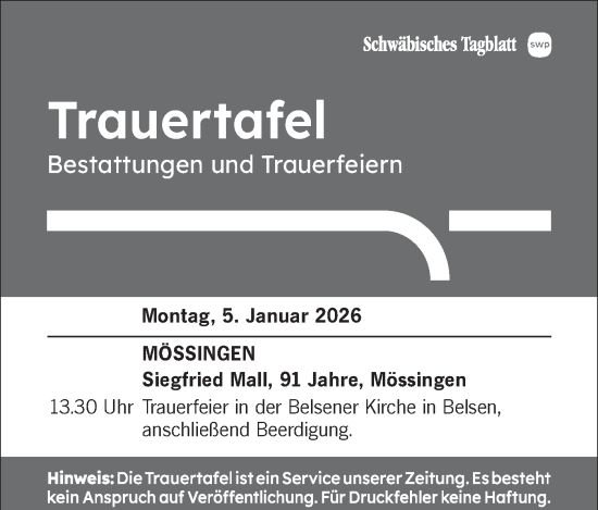 Traueranzeige von Sterbetafel vom 05.01.2026 von Schwäbische Tagblatt